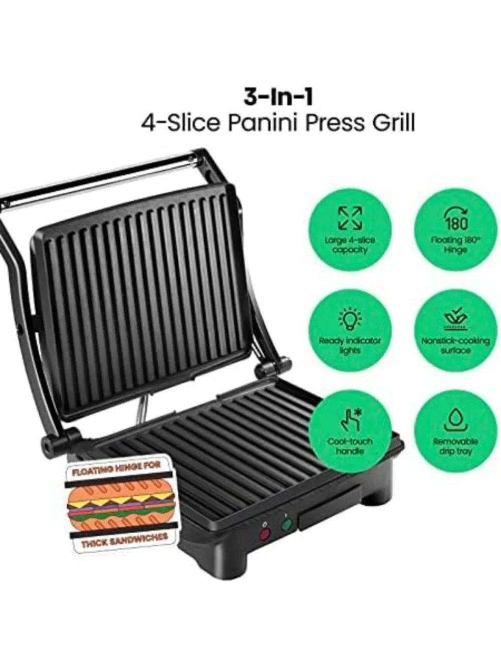 Non-Stick Panini Press & Grill - 180° Opens, Stainless Steel, 4 Slice, Easy